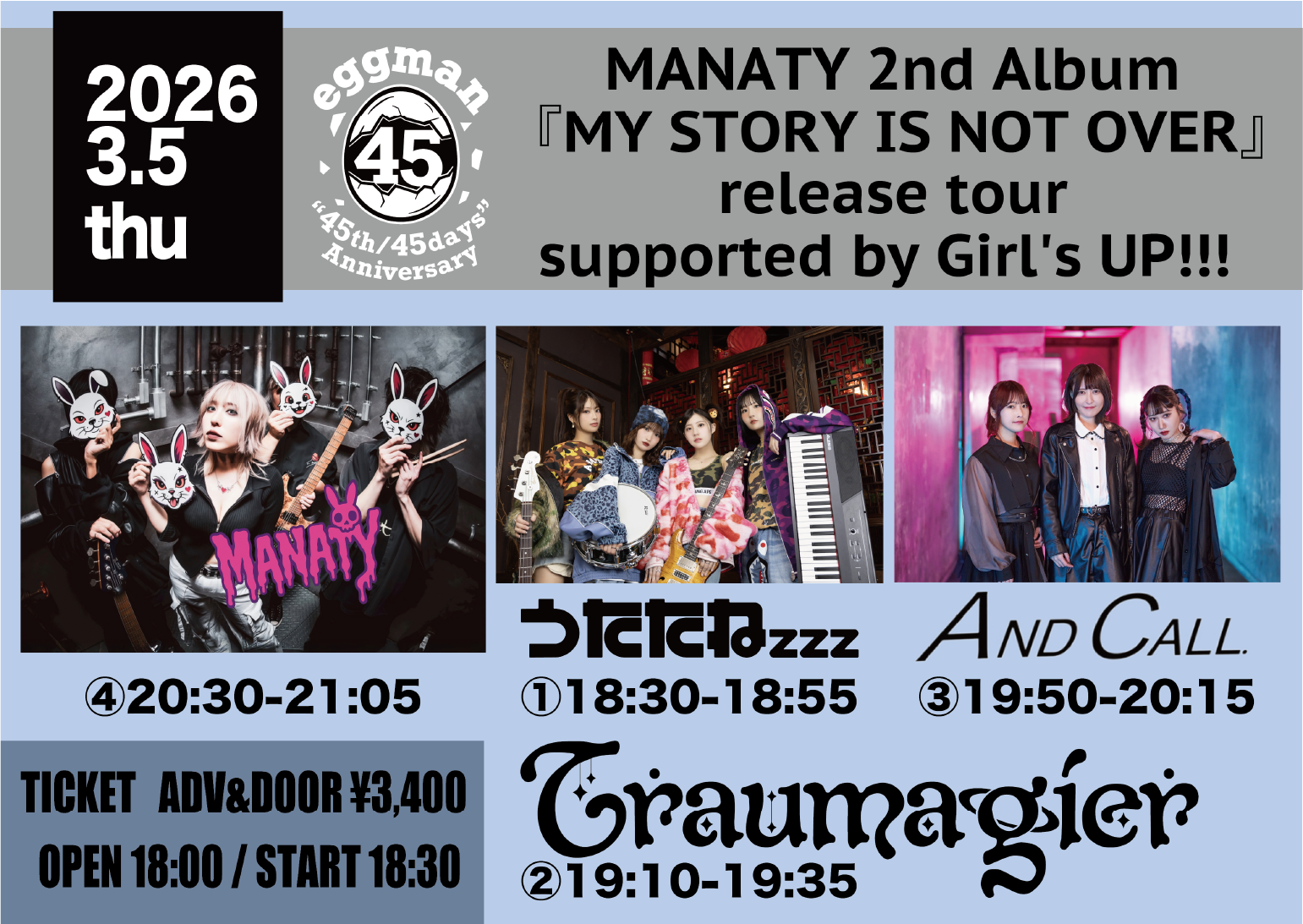 [eggman “45th/45days” Anniversary]  MANATY 2nd Album  『MY STORY IS NOT OVER』release tour supported by Girl’s UP!!!